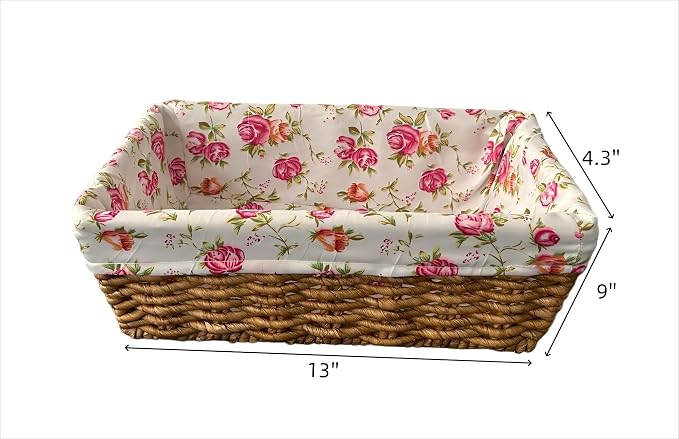 Handwoven Rectangular Storage Basket with Floral Cotton Liner – Decorative Wicker Organizer Bin for Bathroom, Bedroom, or Living Room – Rustic Home Décor Storage Solution