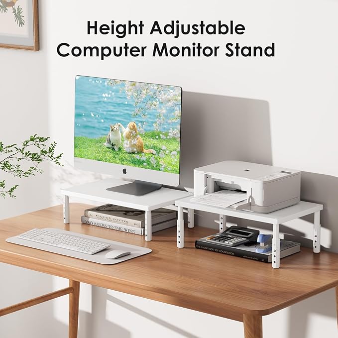 ECOLOVI Wood Computer Monitor Stand Riser for Desk, 4-Height Adjustable Desktop PC Printer Laptop Stand Shelf, Desk Organizer Workspace Accessories for Home Office Supplies, White