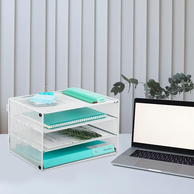 3 Tier Mesh Desk Organizer Tray, Desktop Mail File Paper Letter Folder Holder Sorter Organization Rack Storage Accessories for Office Home School Classroom, White