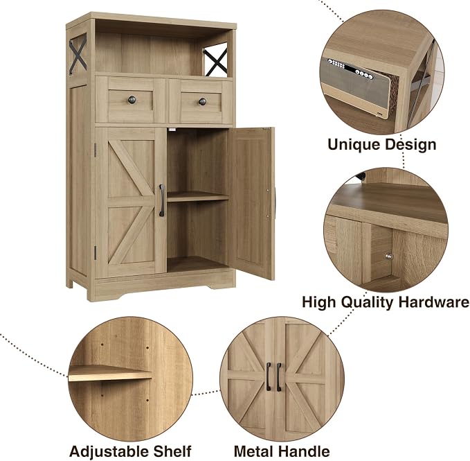 Farmhouse Accent Storage Cabinet with Drawers, Small Kitchen Pantry Cabinet | Coffee Bar Cabinet Cupboard, 2 Storage Drawers, 2 Barn Doors & Adjustable Shelves, for Kitchen/Entryway/Living Room/Bathroom