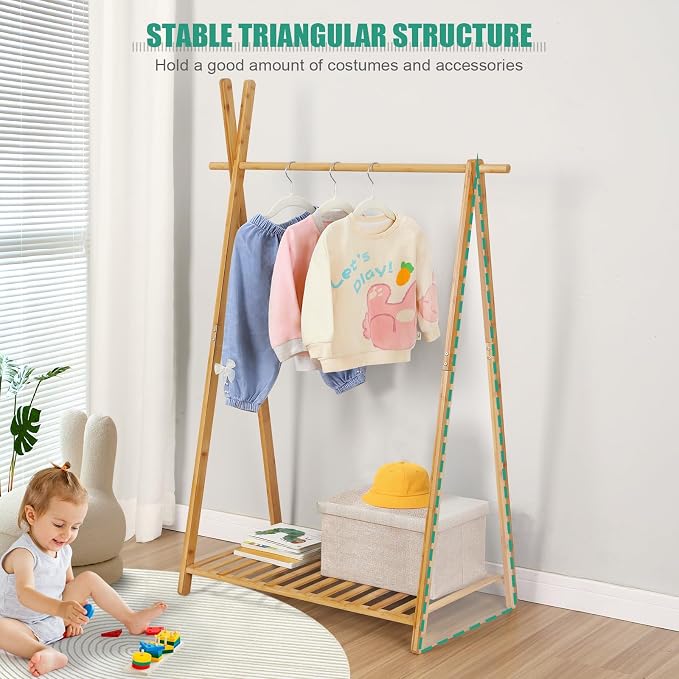 Jotsport Bamboo Kids Clothing Rack with Storage Shelf for Hanging Clothes | Small Child Garment Rack Toddler Wardrobe Closet for Play Room, Nursery, Baby Shower