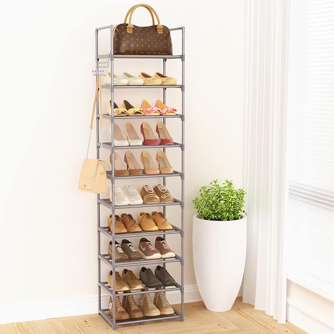 10 Tiers Tall Shoe Rack Narrow 20-24 Pairs Shoe Rack for Closet Entryway Vertical Metal Shoe Rack Organizer Shoe and Boots Organizer Storage Sturdy Shoe Shelf Shoe Stand Gray