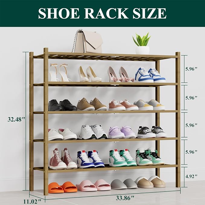 Smiry Bamboo Shoe Rack, 14 Vertical Slats, 5 Tier - 33.7" Wide, Walnut | Stackable Free Standing Wooden Shoe Organizer, Wood Shoe Storage Shelf for Closet, Entryway, Thicher Leg