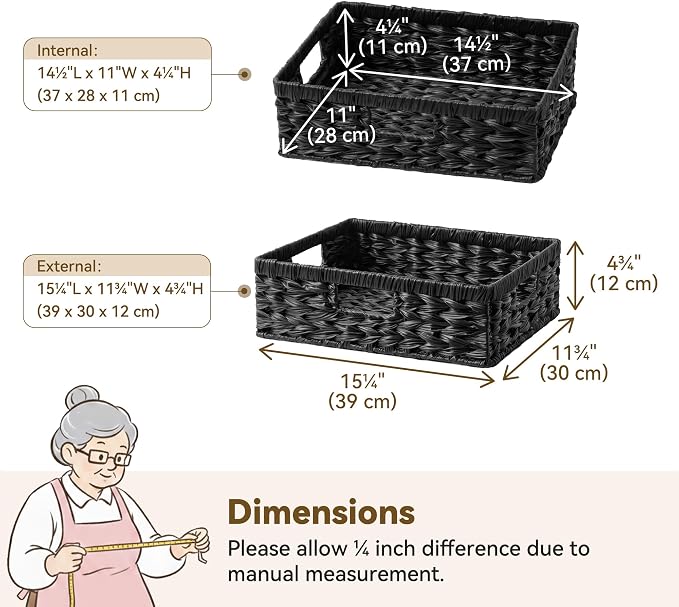 GRANNY SAYS Wicker Storage Basket for Shelves, Wicker Basket for Organizing, Shallow Basket, Woven Basket for Pantry Storage, Black, 1-Pack