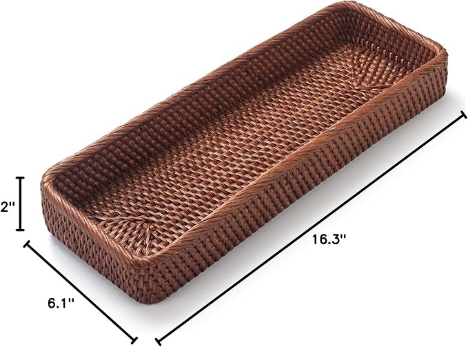 Rattan Bathroom Vanity Trays Toilet Tank Baskets Long Narrow Hand Towel Storage Basket for Storage, Decorative (Honey Brown 16.3 x 6.1 x 2 inch)