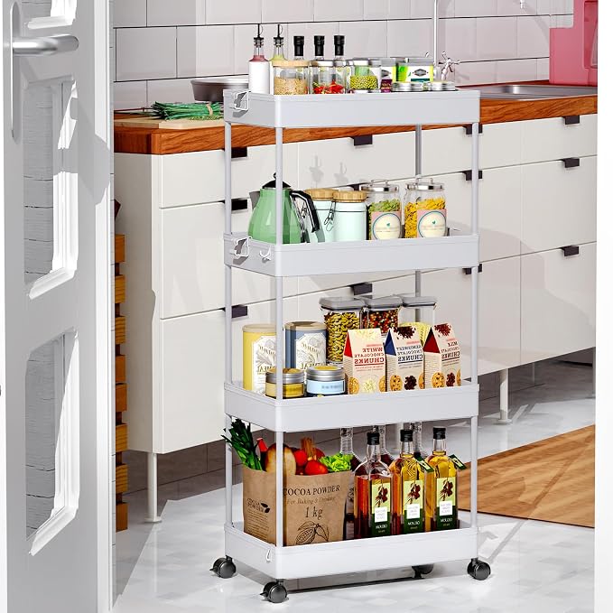 SPACEKEEPER 4 Tier Rolling Cart, Bathroom Cart Organizer with Wheels, Gray | Mobile Storage Cart for Laundry Room Organization,Kitchen,Office,Bathroom, Utility Cart for Snack,Craft,Art,Makeup,Nail,Toys