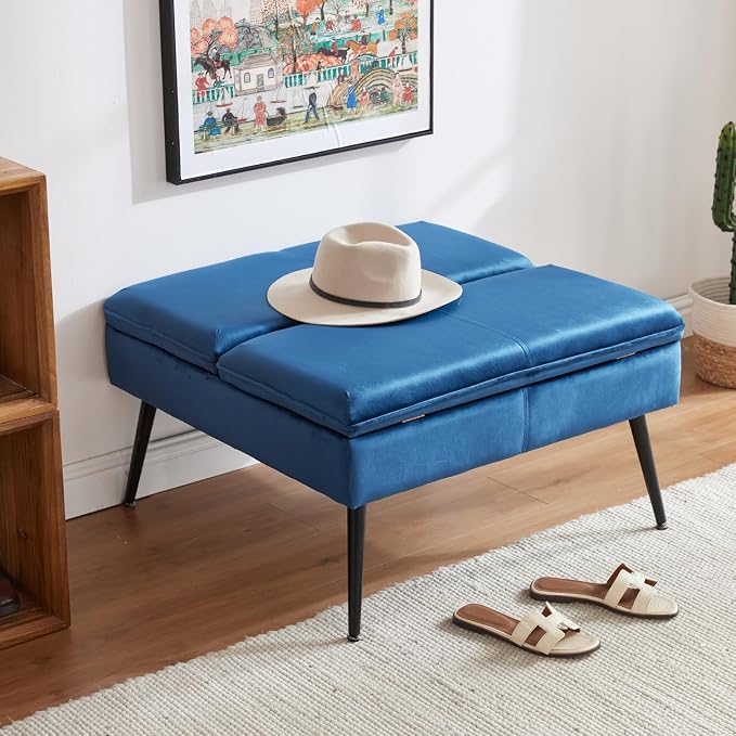 Square Ottoman with Storage Coffee Table Large Upholstered Navy | Mid-Century Modern Ottoman w/ Double Flip-Lid Metal Legs Padded Seat for Living Room Bedroom, Velvet, Loads 660 lbs