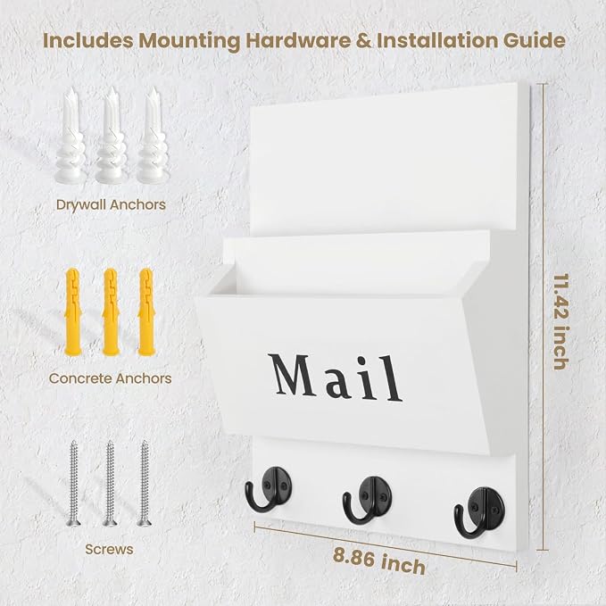 Mail and Key Holder, Wall Key Holder with 2 Mail Organizer Slot and 3 Hooks | Decorative 8.86" x 11.42" Mail Holder, Real Paulownia Wood with Keyhole Brackets, Hardware and Instructions