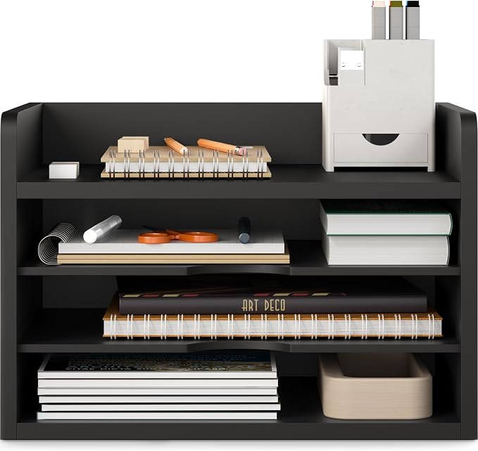 Ballucci File Organizer, 4-Tier Office Desk Organizer, Open Top Wood Paper Organizer for Classroom, Desktop Mail Sorter Paper Tray, Black