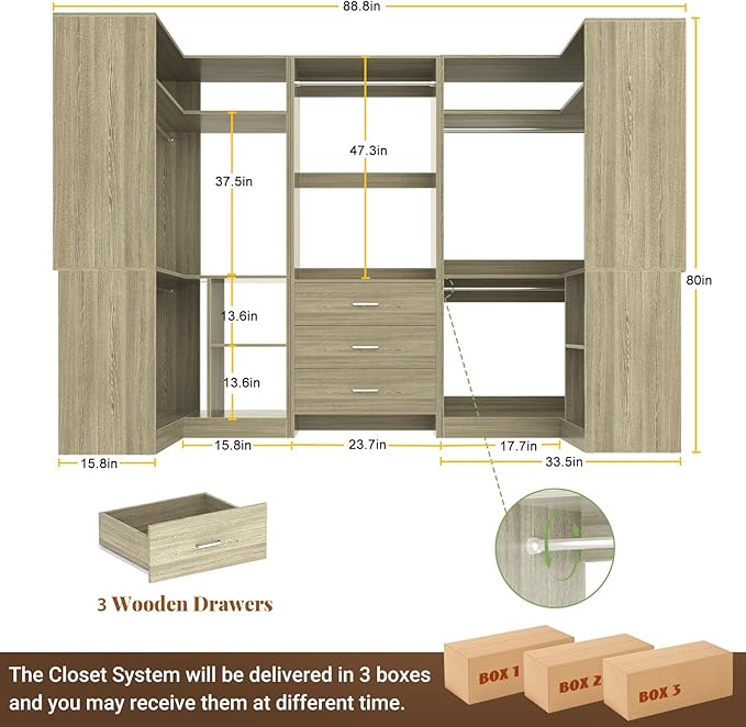 Aheaplus Closet System with 3 Drawers, 5 Hanging Rods & Corner Tower, Corner Closet System with Hanging, 88.8" U-Shaped Walk-In Wardrobe Organizer, 2000+ lbs Capacity, Set of 3, White Oak