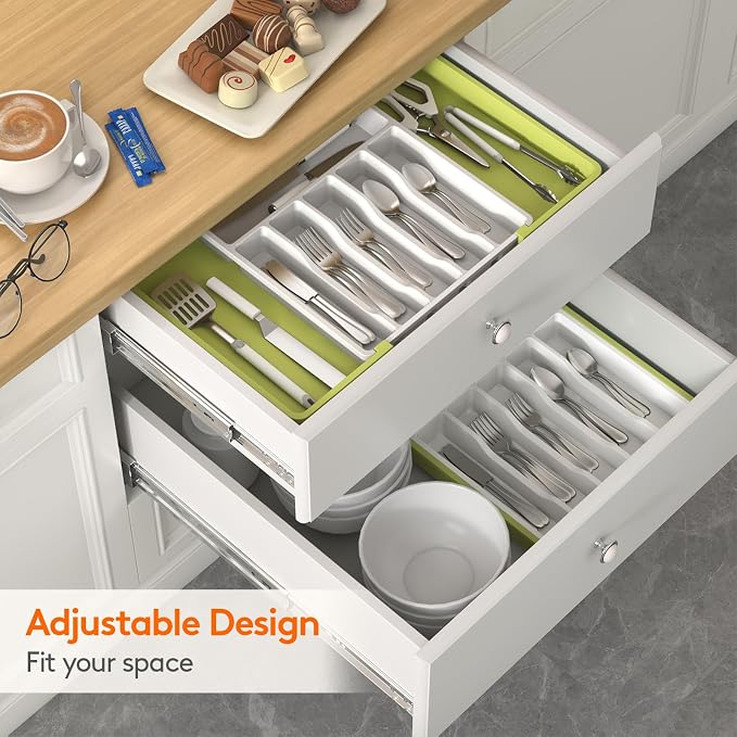 Lifewit Extra Large Silverware Drawer Organizer, Expandable Utensil Tray for Kitchen, BPA Free Flatware Cutlery Holder, Adjustable Plastic Storage for Spoons Forks Knives, 13-22 x 15, Green&White
