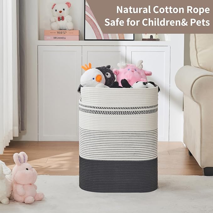 AINUOQI Laundry Basket with Handles - Blanket Basket & Hampers for Bedroom Aesthetic, Laundry Hamper & Blanket Storage for Living Room, Clothes Hamper, Tall, Large 17" x 14" x 22”, Black & White