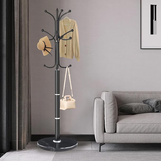 Metal Coat Rack Stand, Modern Freestanding Coat Rack with Natural Marble Base, Black Coat Racks and Coat Hall Tree Hanger Stand with 12 Hooks for Entryway, Hallway, Office