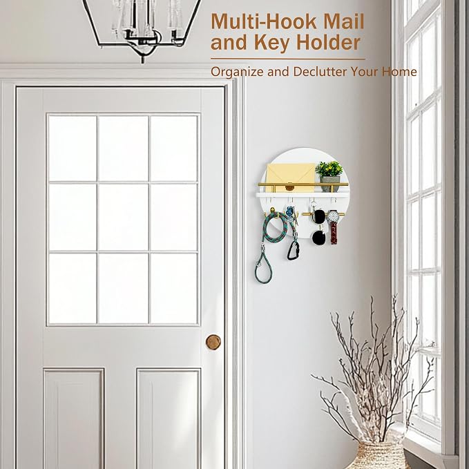 Key Holder for Wall Decorative with Shelf and Hooks, Mail Organizer Wall Mount with Sunglasses Holder, Circular Design Entryway Key Rack Hanger, Rustic Home Decor Boho Wall Decor (White)