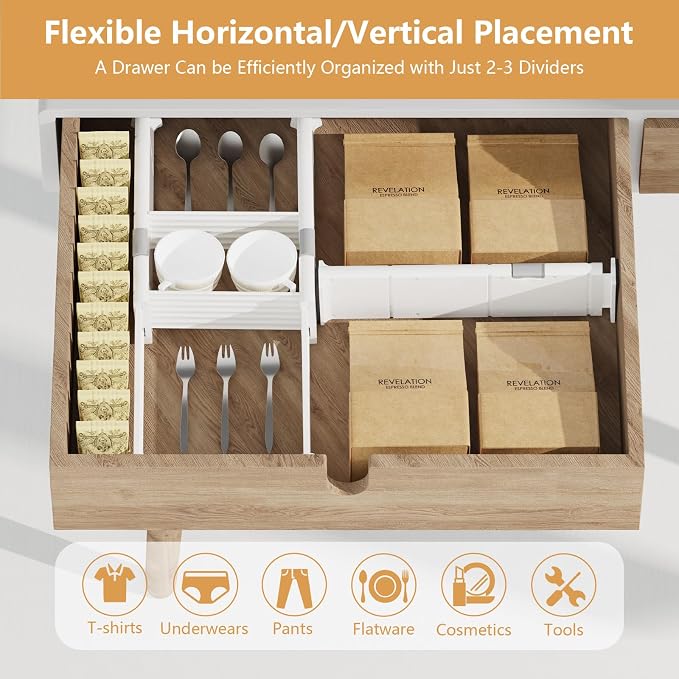 KABUM Upgrade Adjustable Drawer Divider Organizer(2.8 * 11.7-18.5") | Expandable Organization for Home, Office,2.8" High Expandable from 11.7" to 18.5",4 Dividers with 6 Long and 2 Short Inserts