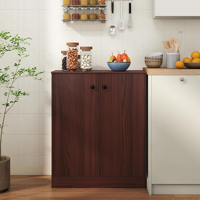 Giantex 2 Door Storage Base Cabinet (Brown) | 3-Tier Base Cabinet with Non-Slip Foot Pads, Kitchen Cupboard Storage Organizer for Living Room, Hallway, Entryway, Office