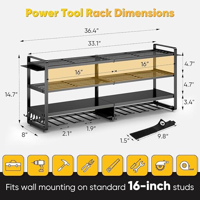 POKIPO Large Power Tool Organizer Wall Mount,4 Layers Heavy Duty Metal Loads 400lbs,Power Tool Shelf Battery Storage with 8 Cordless Drill Holder,Utility Racks for Garage Workshop