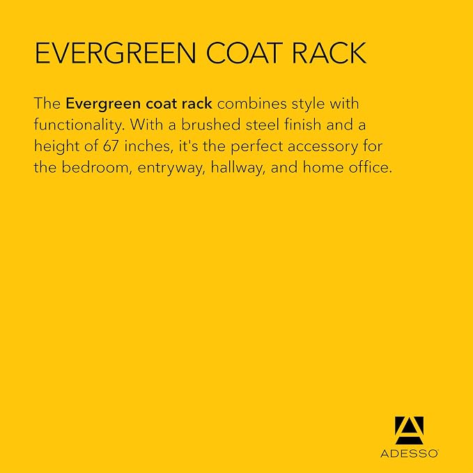 Adesso Coat Rack, Brushed Steel, 6 Hooks, Space-Saving, 67" | Evergreen Entryway Coat Rack for Organizing Coats, Bags, Purses, and Hats in a Foyer, Mudroom, Bedroom, or Office