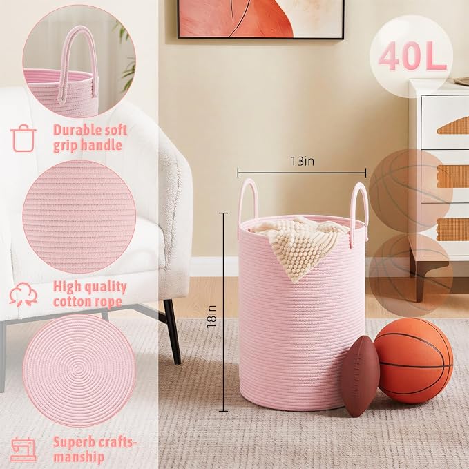 Artfeel Laundry Basket,Woven Cotton Rope Laundry Hamper,40L for Decorative Storage of Dirty Clothes,Toys and Blankets in Bathroom,Baby Room and Living Room