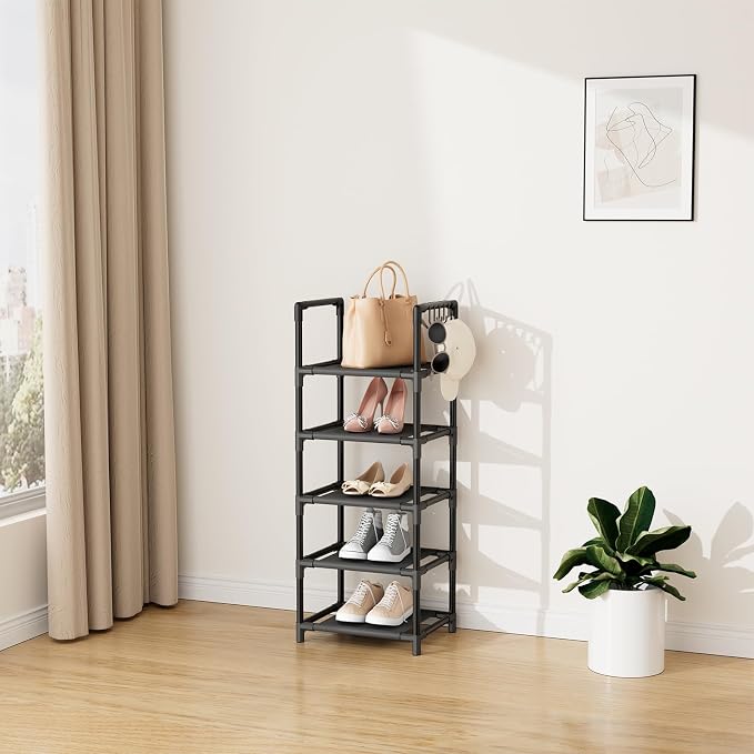 LANTEFUL Narrow Shoe Rack 5 Tier Shoe Shelf Storage for 5-10 Pairs Shoe and Boot, Sturdy Shoe Storage Space Saving Corner Shoe Rack Organizer for Closet, Entryway, Living Room, Black