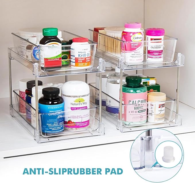 4 Pack Clear Bathroom Organizers and Storage, 2 Tier Pull Out Under Sink Cabinet Organizer Plastic Drawer Organization and Storage for Bathroom and Kitchen