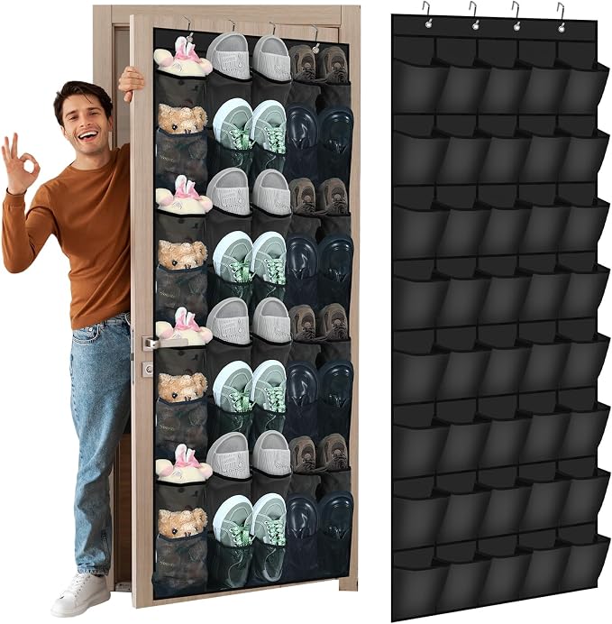 Windyun 40 Over the Door Shoe Organizer Large Breathable Mesh Pockets Hanging Shoe Rack for Closet Black Behind Door Hanger Storage Holder Nonslip Hooks for Women Men Entryway Bedroom Utility Room