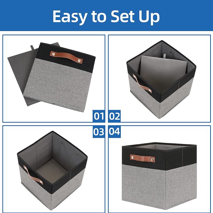 Temary 11 x 11 Cube Storage Bins Fabric Storage Cubes for Shelf, Closet, 4 Pack Cube Basket for Clothes, Storage Cube Bins with Leather Handles(Black&Grey)