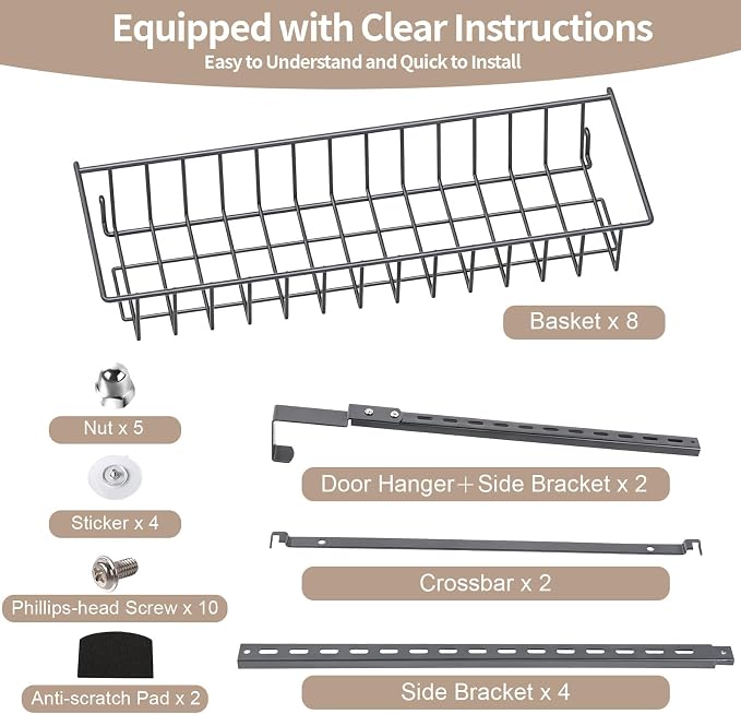 ElegantArray 8-Tier Pantry Door Organizer, Deep Gray | Over The Door, Hanging Spice Rack Shelves, Home Office Laundry Room Bathroom & Kitchen, Rack and Storage