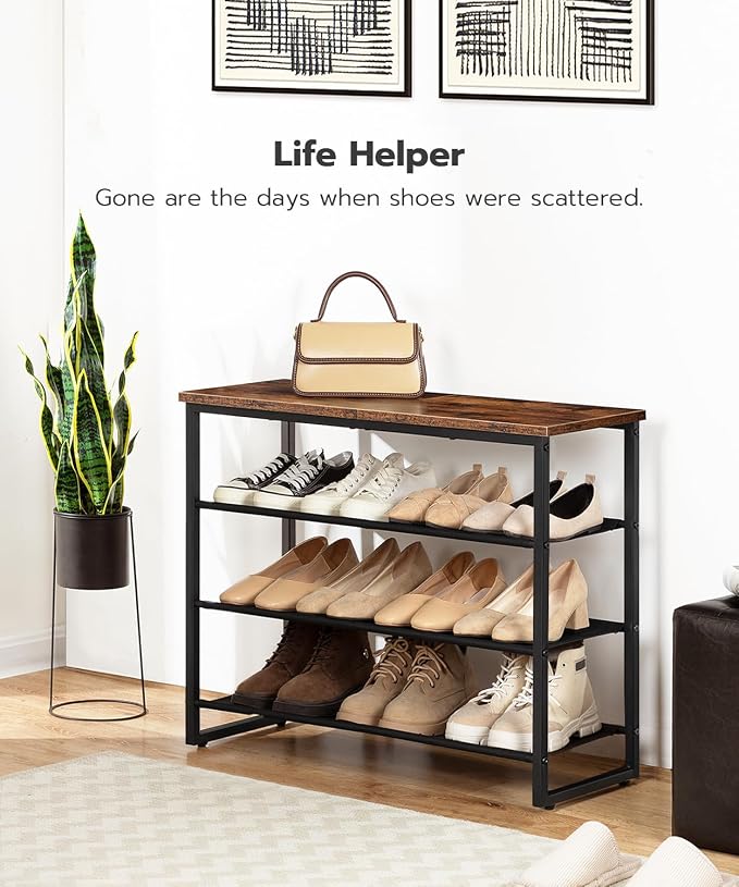 HOOBRO Shoe Rack, 4 Tier Shoe Storage Organizer with 3 Oxford Fabric Shelves and Top Panel, Holds 12-16 Pairs of Shoes for Entryway and Closet, Industrial, Rustic Brown BF47XJ01G1