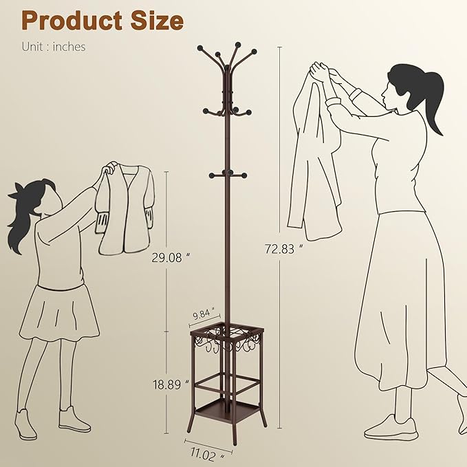 Hoctieon Coat Rack Freestanding, Coat Tree with Umbrella Holder | Metal Coat Rack Stand with 12 Hooks, Standing Coat Hanger Stand, Umbrella Stand for Entryway, Hat Rack Stand for Home Office