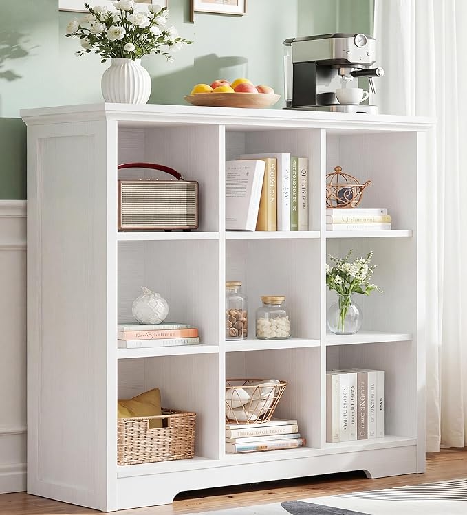 Aheaplus Wooden 9-Cube Storage Organizer with Charging Ports, Modern Cube Bookcase with Base, 4-Tier Floor Standing Open Cubbies Bookshelf, Cubicle Display Shelf for Home and Office, White