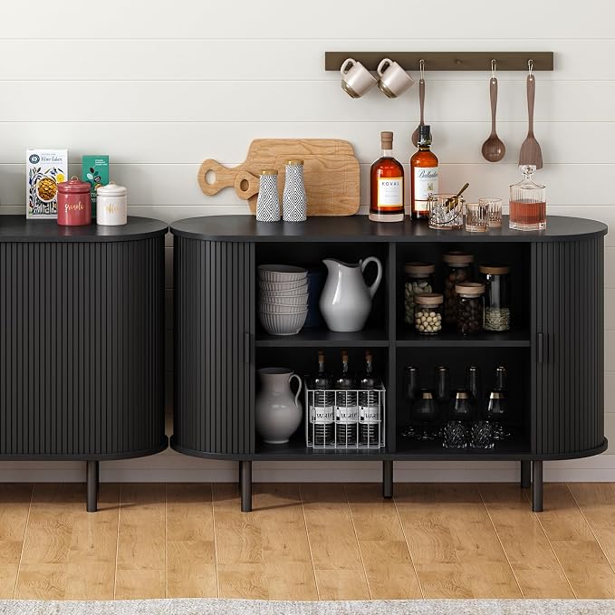 48" Sideboard Buffet Cabinet with Storage, Storage Cabinet with Sliding Door & Adjustable Shelf, Modern Accent Coffee Bar Console Table for Kitchen, Entryway, Black