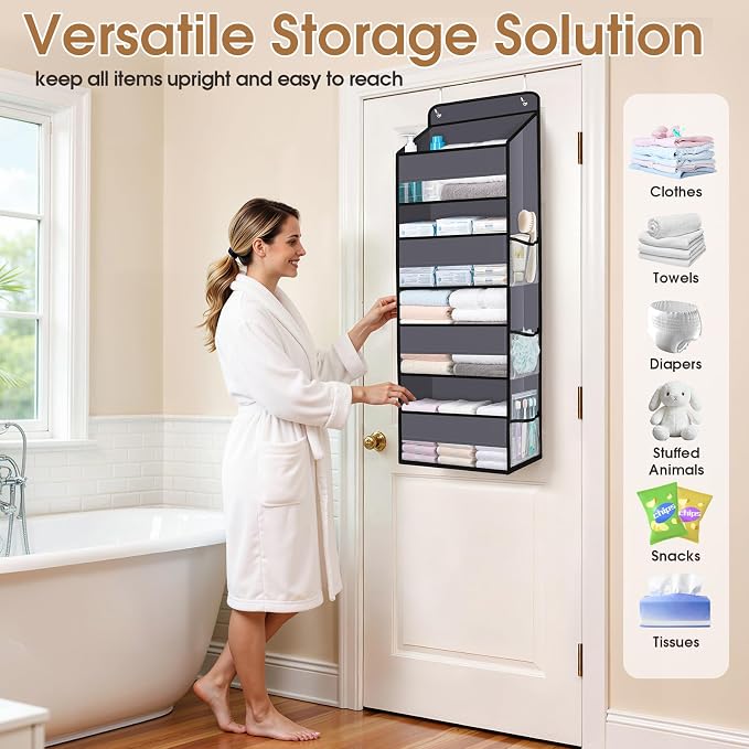 Over The Door Organizer Storage behind Door Hanging Organizer for Nursery | 4 Tier, 6 Side Pockets, Clear Window, Sturdy Construction, Space-Saving Storage for Closet, Bedroom, Bathroom & Nursery