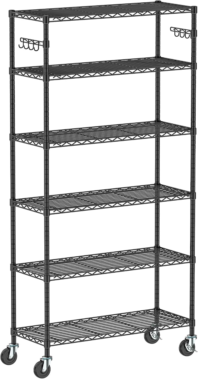 Folews 6-Tier Metal Storage Shelf with Wheels NSF Wire Shelving Unit, Black | Adjustable Storage Rack for Kitchen Garage Pantry Laundry Room, 36" W x 14" D x 75" H Rolling Shelf Organizer, Easy Assembly