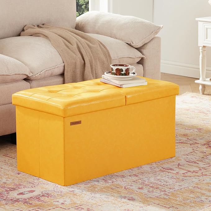 HAUSFRAU Ottoman with Storage Bench Folding Foot Rest Stool Yellow | 30", Flip Lid, Faux Leather, Upholstered Foldable Footrest Footstool, Bedroom Bench, Living Room Dorm Ottoman, Rectangle