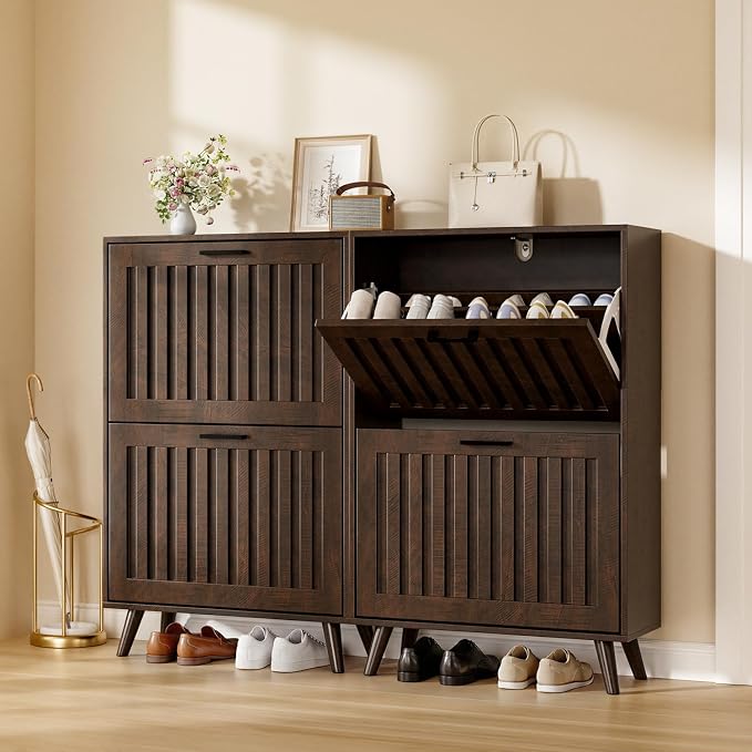 Shoe Storage Cabinet with 2 Flip Drawers, Modern Freestanding Organizer with Adjustable Shelf, Narrow Shoe Rack Cabinet for Entryway, Walnut