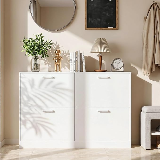 Shoe Cabinet with 4 Flip Drawers, Narrow Freestanding Shoe Organizer, Hidden Slim Shoe Storage Cabinet for Entryway, Hallway, Living Room, White