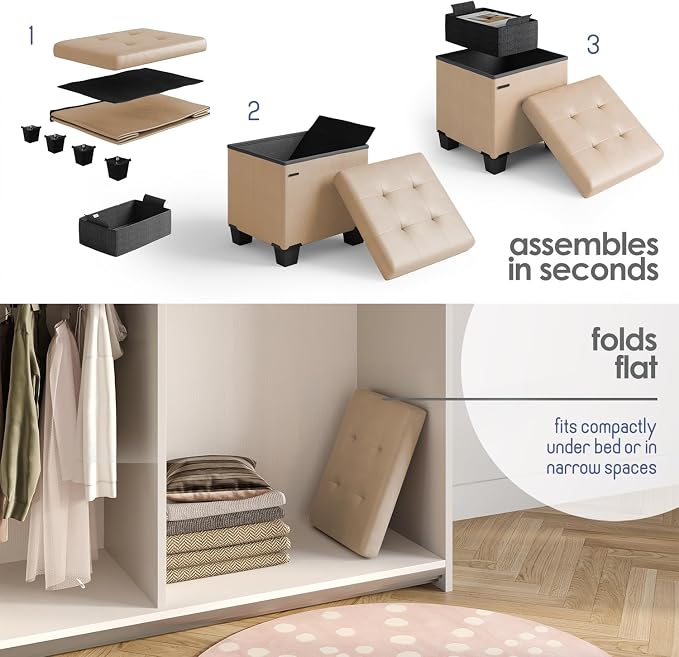 Storage Ottoman Cube with Small Bin, 15-in Square Ottoman with Storage for Living Room and Bedroom, Small Ottomans Foot Rest, Leather Foot Stools Ottomans Max 330lbs, Taupe