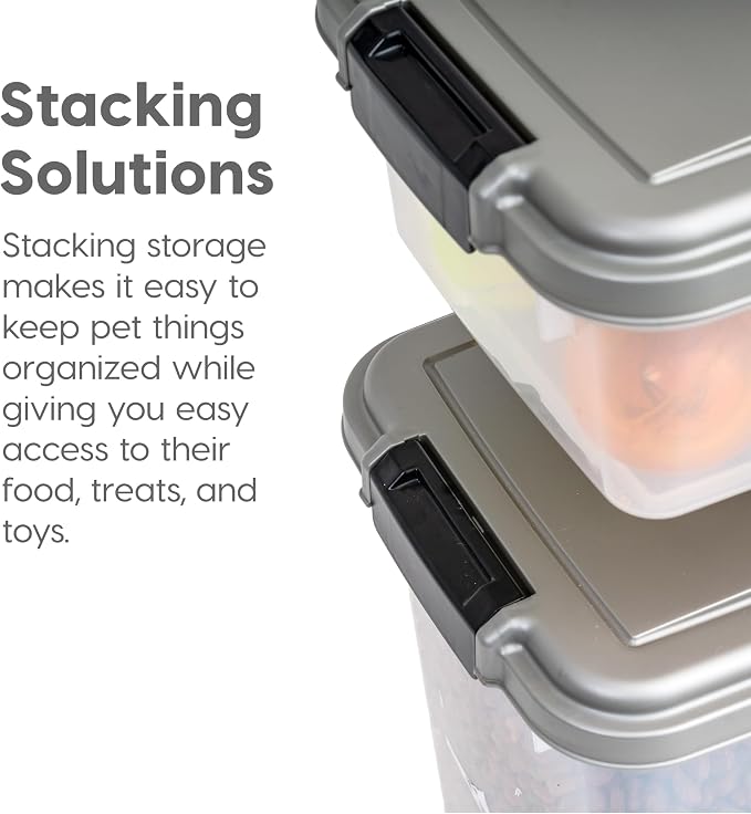 IRIS USA Airtight Dog Food Storage Container Combo, 30 lb & 11 lb Bin | Stackable food storage system includes scoop and wheels to keep kibble, treats, and pet food fresh and organized.
