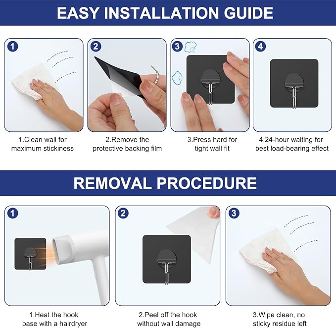 JINSHUNFA Adhesive Wall Hooks Heavy Duty No Drill Waterproof Hooks for Bathroom Kitchen Towel Coat 12 Pack Black