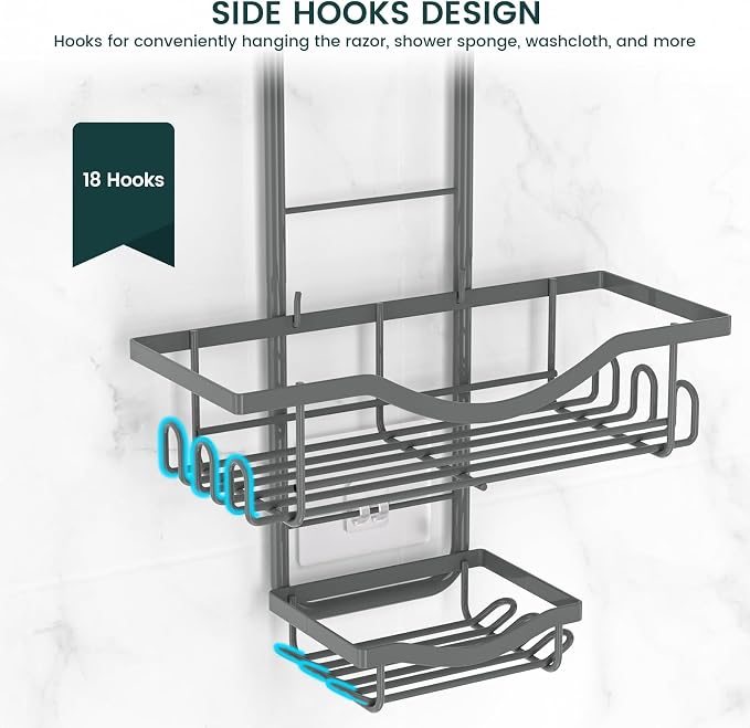 REINHARDT Shower Caddy Hanging Adjustable, Extended Length Rustproof Shower Caddy Over Shower Head with Hooks Soap Holder, Large Capacity Shower Organizer Anti-Swing Bathroom Organizer, Grey | Shower Caddy Over Showerhead, Extra Long, No Drilling, Anti...