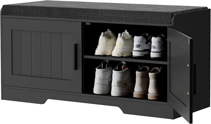 Homleke Shoe Storage Bench, 2 Doors & Thickened Padded Seat Cushion | 2-Tier Shoe Bench, Entryway Bench, Adjustable Shelf, 13.8" D x 37.4" W x 18.5" H, for Living Room, Bedroom, Black