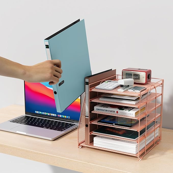 gianotter 6-Tier Paper Organizer With Magazine Holder, Desk Organizers and Accessories, Desk Accessories & Workspace Organizers, File Organizer for Office Supplies Storag (Rose Gold, 6-Tier)