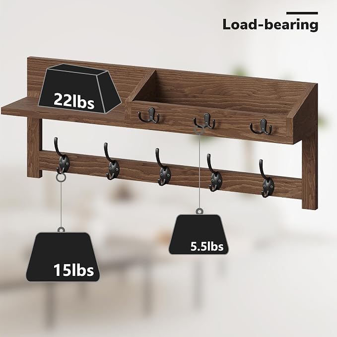 AMBIRD Wall Hooks with Shelf, 26.57 Inch Entryway Wood Coat Hooks for Wall with Shelf, Coat Rack Wall Mount with 5 Dual Hooks 3 Key Hooks Mail Organizer and Key Rack Holder (Brown)