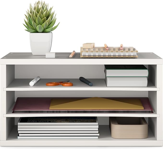 Ballucci Paper Organizer, 3-Tier Stackable Wood Desk Organizer, Document File Organizer and Mail Sorter with Adjustable Storage Shelves, White