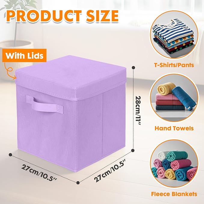 ShellKingdom Storage Bins, Foldable Fabric Storage Cube with Lid for Closet | Clothes Storage Organizer Drawer For Closet Toys Storage, 10.5 X 10.5 X 11 INCH, 2 Pack (Lavender)