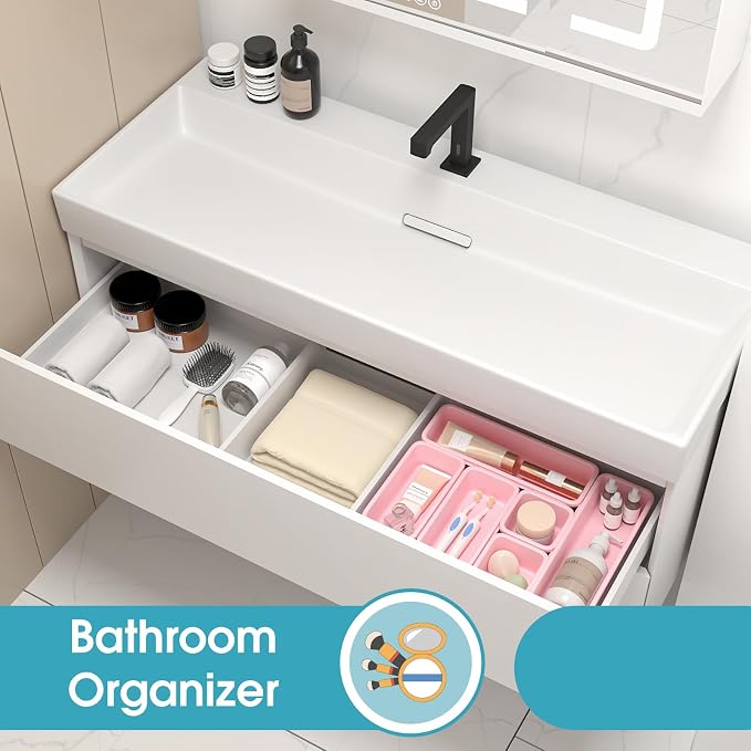 6 PCS Drawer Organizer Set, 3 Size Makeup Drawer Divider Organizer With Non-Slip Pads, Interlocking Plastic Storage Bins for Office,Jewelry Vanity,Gadgets, Bathroom,Kitchen, Pink