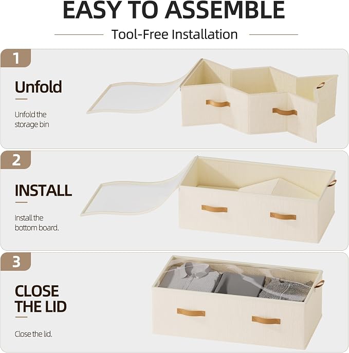 10inch 3 Pack Under Bed Storage Containers, 10 Inch Tall Underbed Clothes Storage Organizer Bin with Clear Window,Foldable Box Basket for Clothes, Closet, Bed Sheets and Blankets Beige