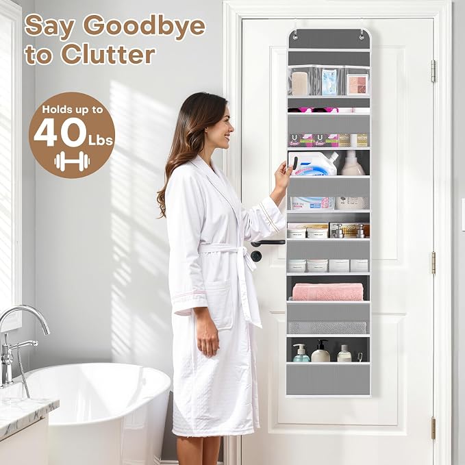 Over the Door Organizer, Large Pocket Hanging Storage with 40lb Capacity | Space Saving Door Storage for Nursery, Bathroom, Bedroom and Closet, Baby Essentials and Toiletry Organizer, Grey