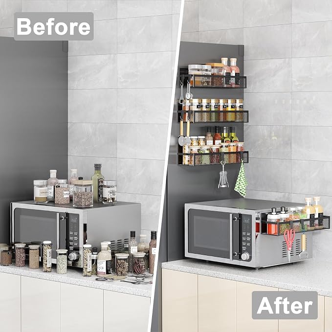 Aufworld Magnetic Spice Rack for Refrigerator, 5 Pack Magnetic Shelf, Moveable Magnetic Fridge Organizer with an 8-Hook Rack, Seasoning Organizer for Kitchen Organization (Extra with 8 Hooks)